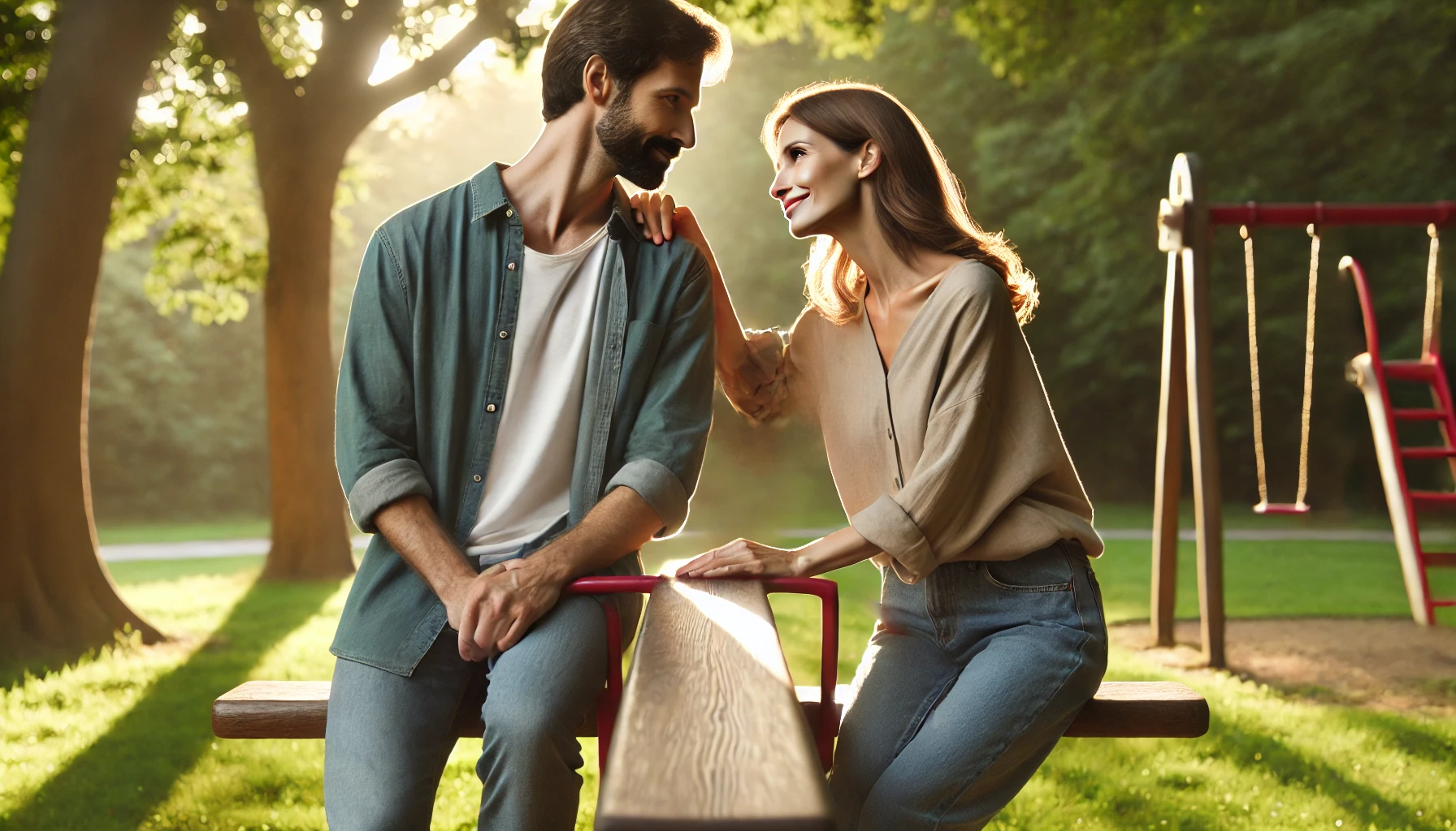 A man and a woman on a teeter-totter, balanced close to the center, looking into each other's eyes with love and affection.