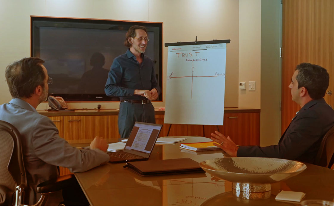 Matthew Levy Family Business Executive Coach standing in front of clients Lucas and Gonzo Diaz and a white board that says, "Trust."